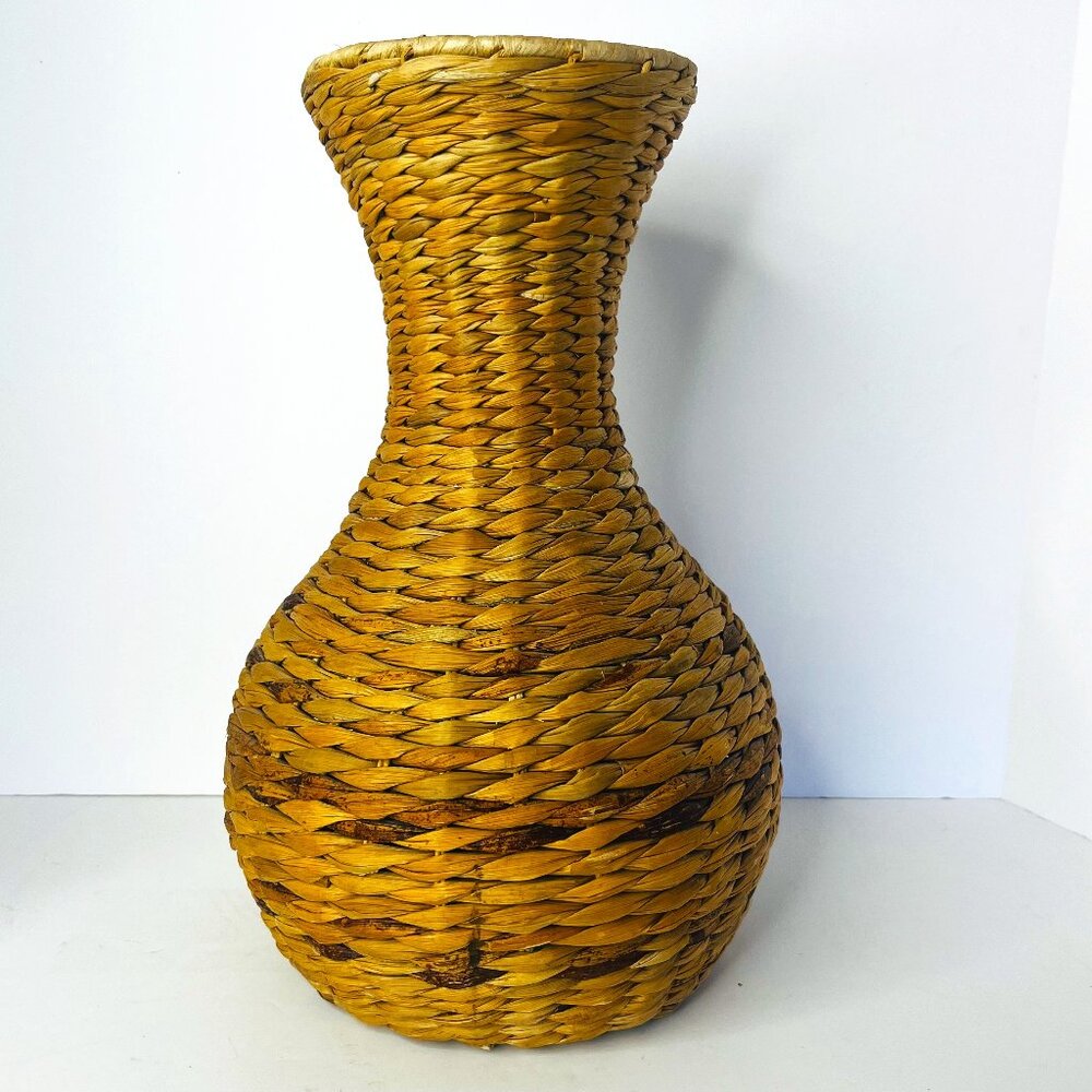 Seagrass Woven Water Hyacinth Round Basket 15" Vase Vessel Beige Boho Natural